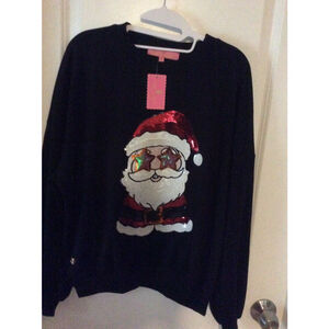 Women's Simply Southern Black Santa Sequin Crew Neck Sweater S